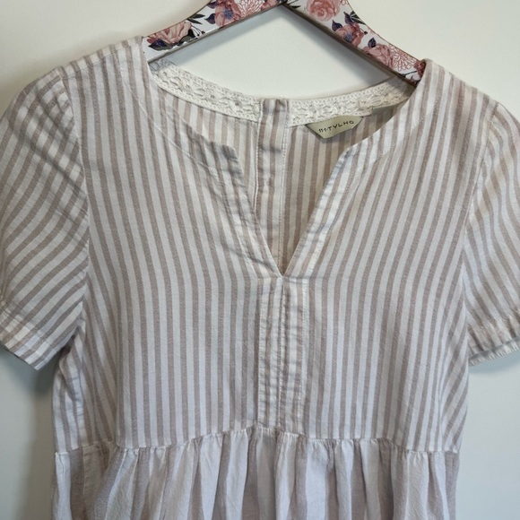 Anthropologie 11 TYLHO Vintage Stripe Peplum Blouse Top Tan Cream S Small - Picture 4 of 9